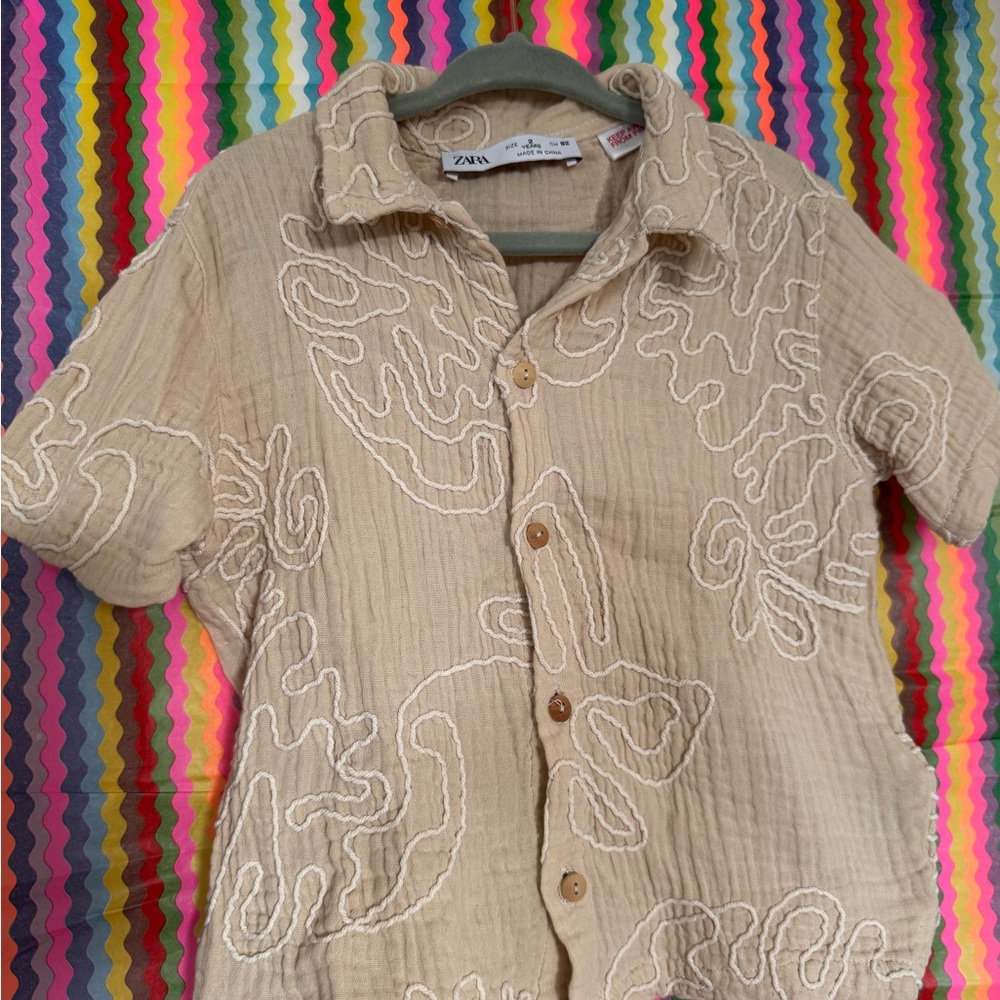 Zara Cream Textured Embroidered Short Sleeve Shirt